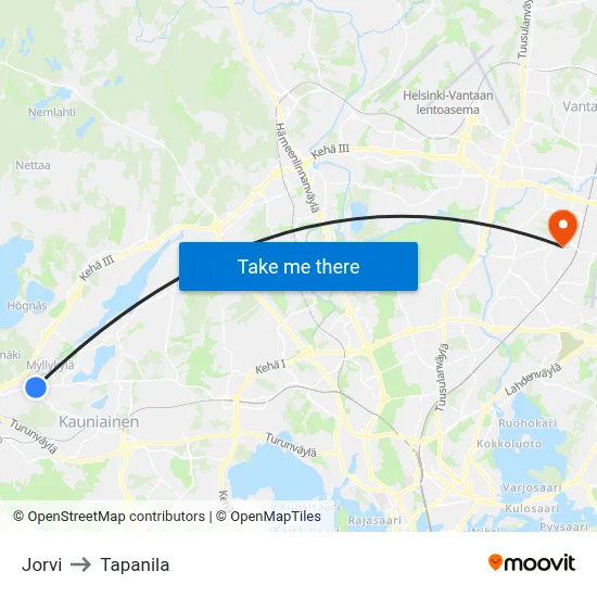 Jorvi to Tapanila map