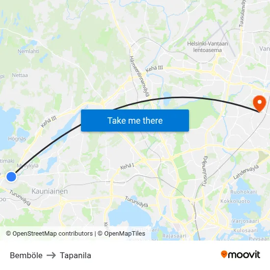 Bemböle to Tapanila map