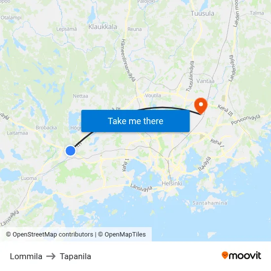 Lommila to Tapanila map