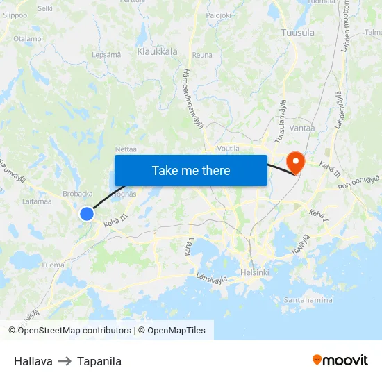 Hallava to Tapanila map