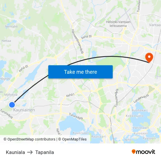 Kauniala to Tapanila map