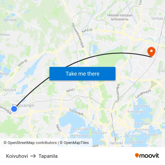 Koivuhovi to Tapanila map