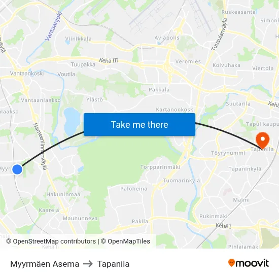 Myyrmäki Station to Tapanila map