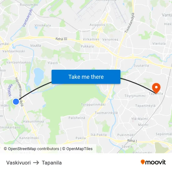 Vaskivuori to Tapanila map