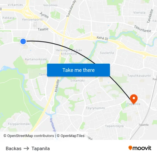 Backas to Tapanila map