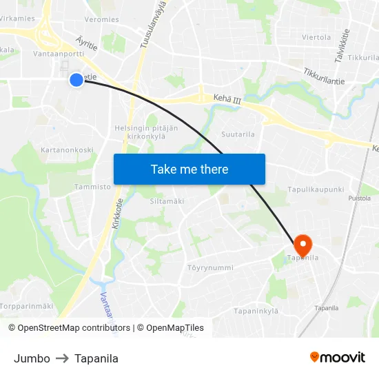 Jumbo to Tapanila map