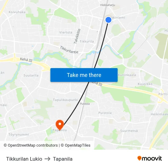 Tikkurila High School to Tapanila map