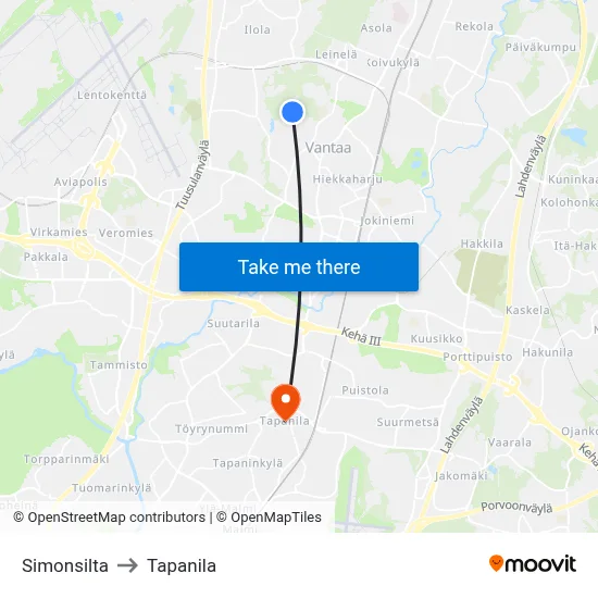Simonsilta to Tapanila map