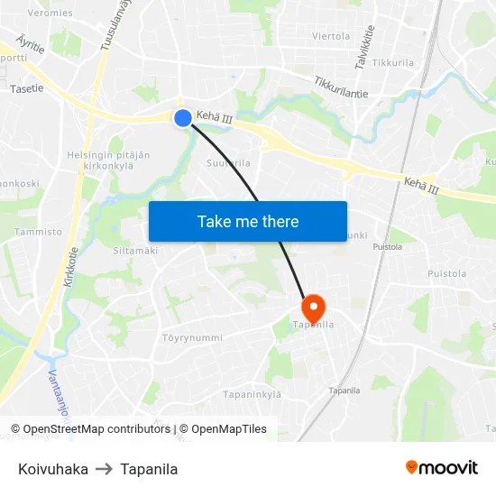 Koivuhaka to Tapanila map
