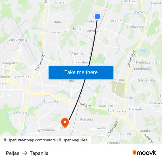 Peijas to Tapanila map