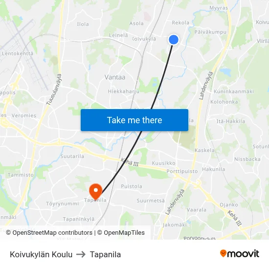 Koivukyla School to Tapanila map
