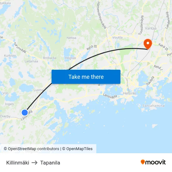 Killinmaki to Tapanila map