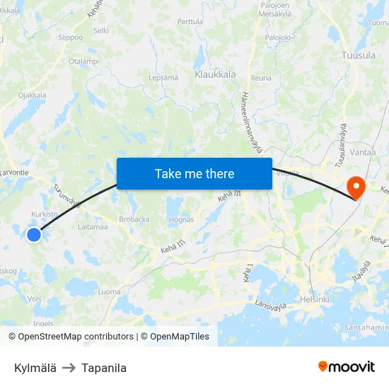 Kylmala to Tapanila map