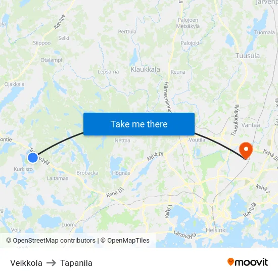 Veikkola to Tapanila map