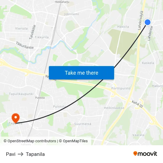 Pavi to Tapanila map