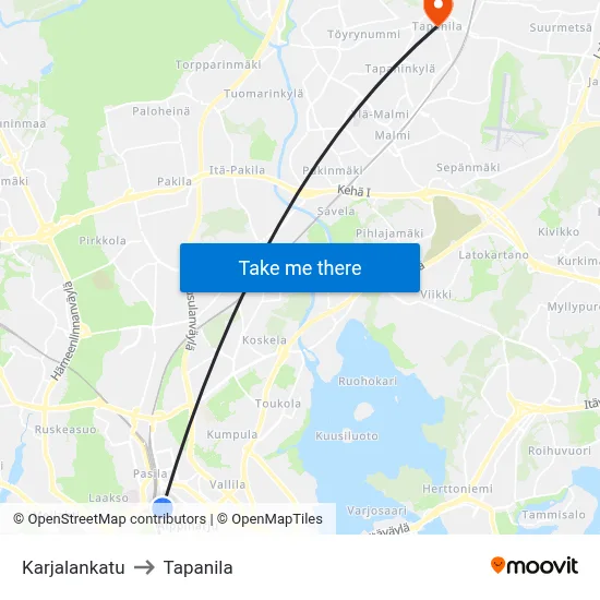 Karjalankatu to Tapanila map