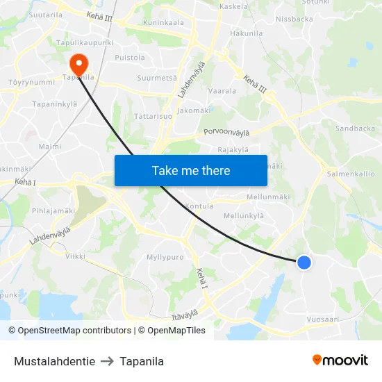 Mustalahdentie to Tapanila map