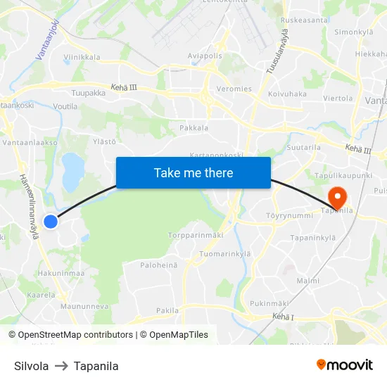 Silvola to Tapanila map