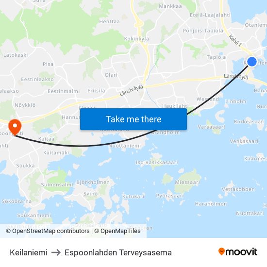Keilaniemi to Espoonlahden Terveysasema map