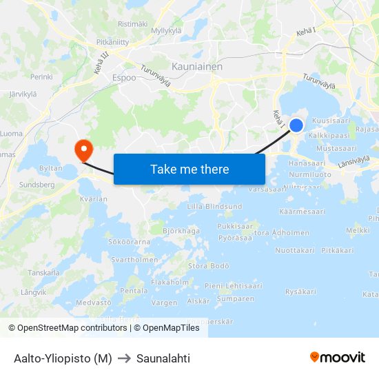 Aalto-Yliopisto (M) to Saunalahti map