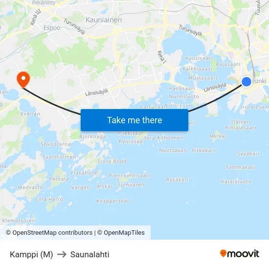 Kamppi (M) to Saunalahti map