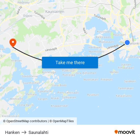 Hanken to Saunalahti map