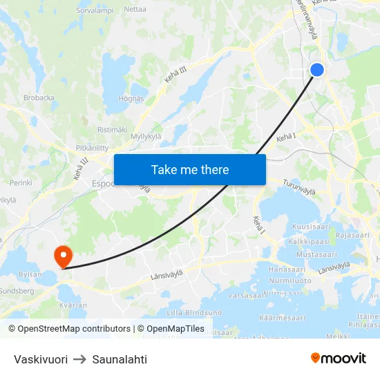 Vaskivuori to Saunalahti map