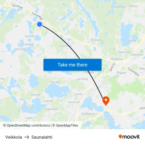 Veikkola to Saunalahti map