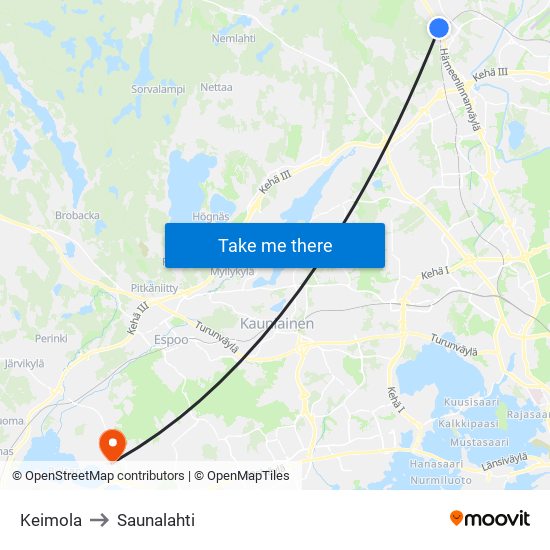 Keimola to Saunalahti map