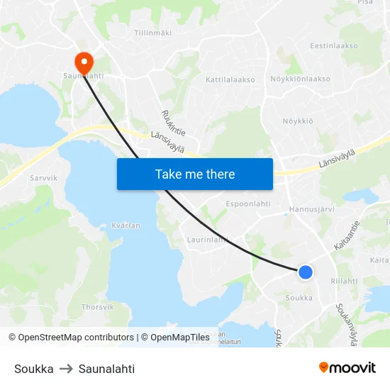 Soukka to Saunalahti map