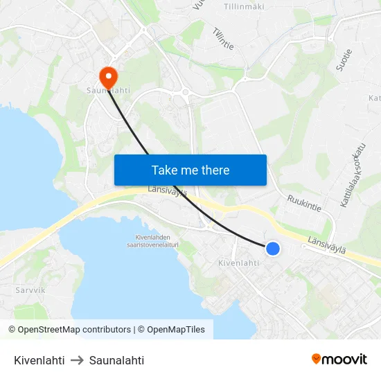 Kivenlahti to Saunalahti map