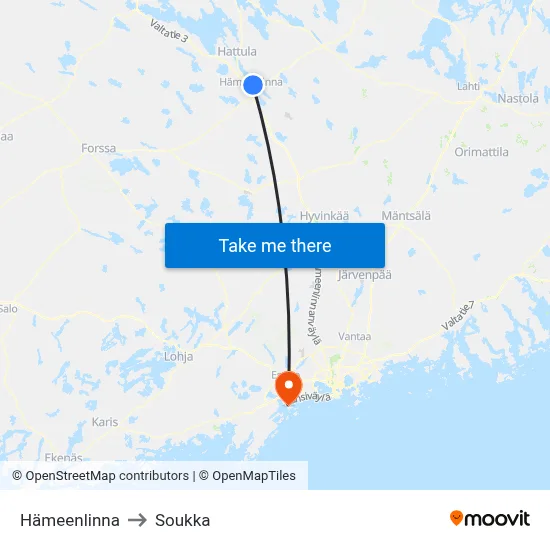 Hameenlinna to Soukka map