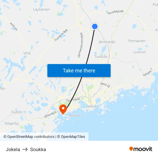 Jokela to Soukka map