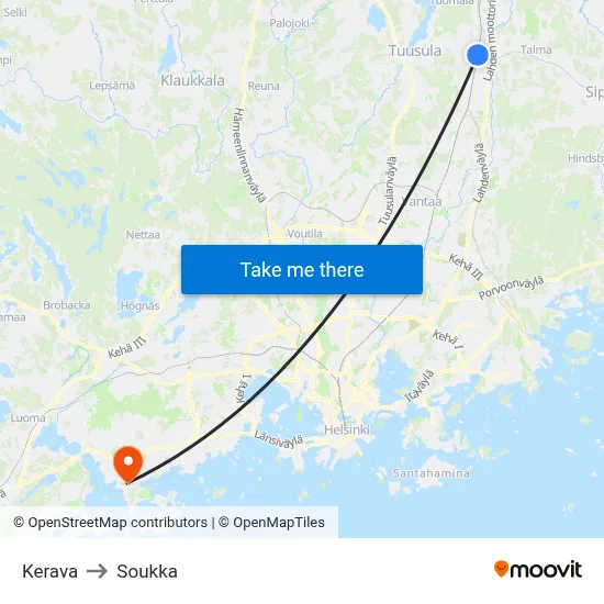 Kerava to Soukka map