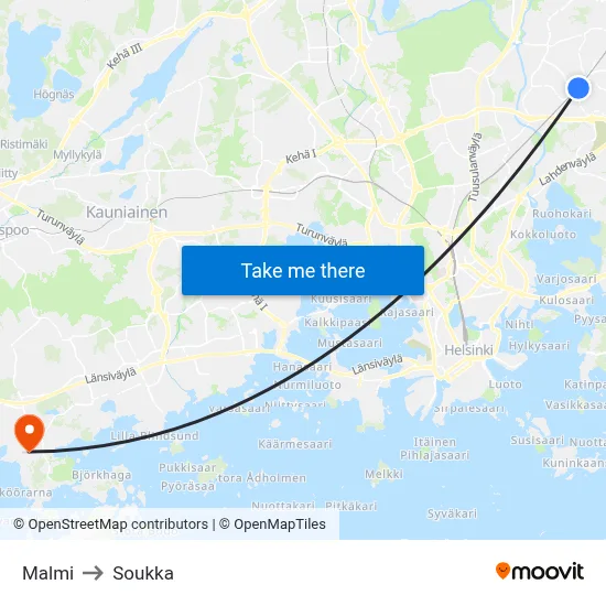 Malmi to Soukka map