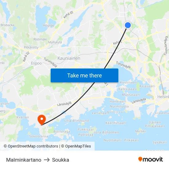 Malminkartano to Soukka map