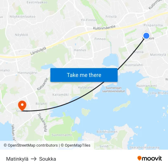 Matinkylä to Soukka map