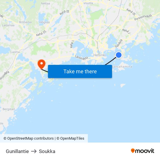 Gunillantie to Soukka map