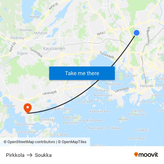 Pirkkola to Soukka map