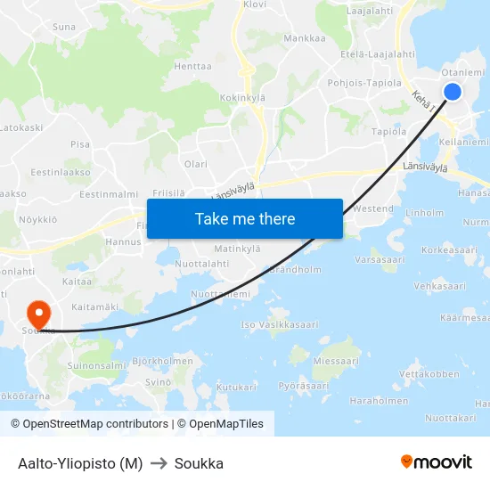 Aalto-Yliopisto (M) to Soukka map