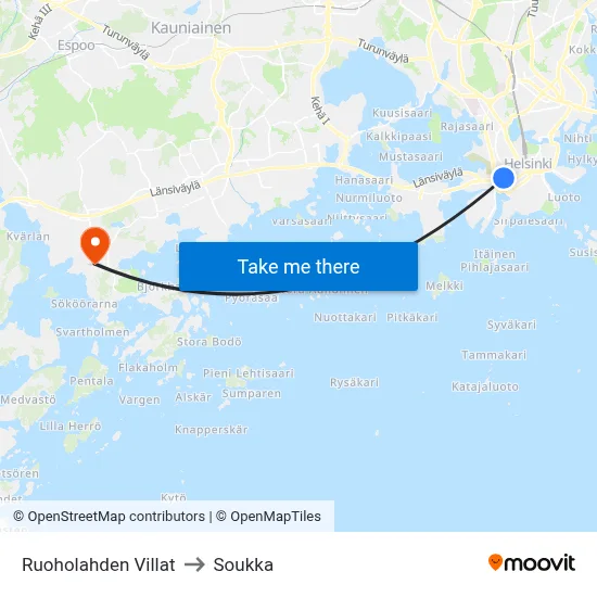 Ruoholahti Villas to Soukka map