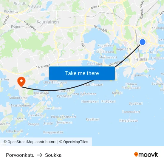 Porvoonkatu to Soukka map