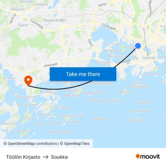 Töölö Library to Soukka map