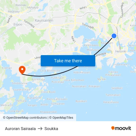 Auroran Sairaala to Soukka map