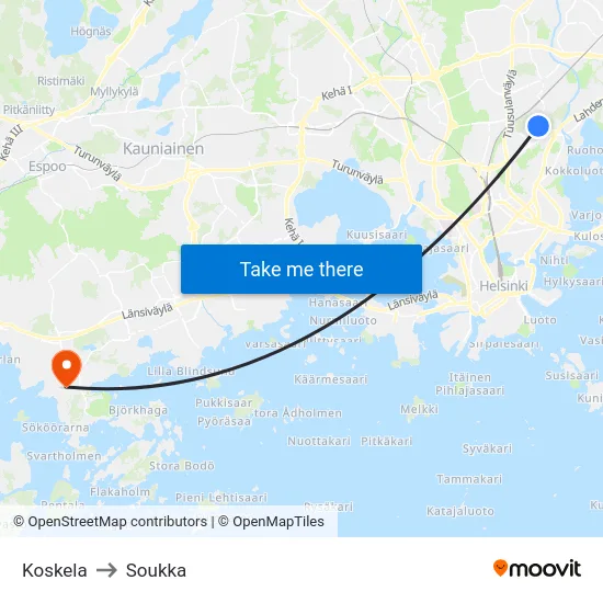 Koskela to Soukka map