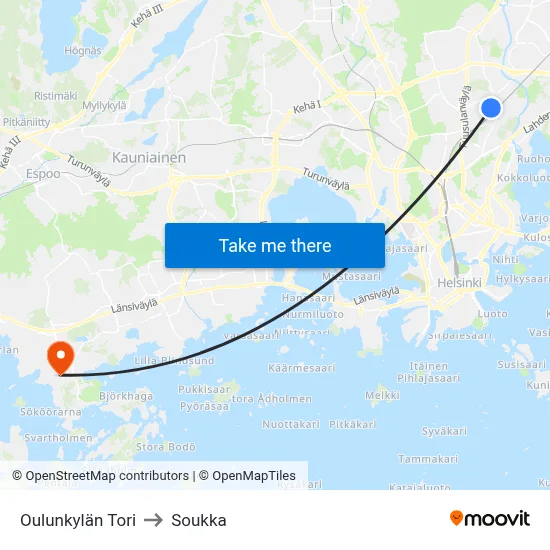 Oulunkylä Square to Soukka map