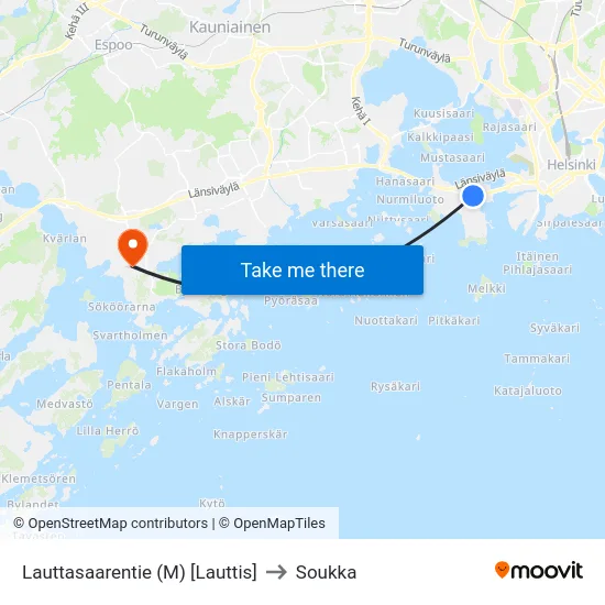 Lauttasaarentie (M) [Lauttis] to Soukka map