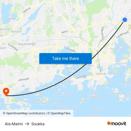 Ala-Malmi to Soukka map