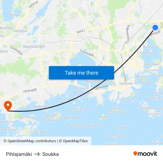Pihlajamäki to Soukka map