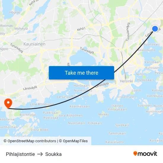 Pihlajistontie to Soukka map